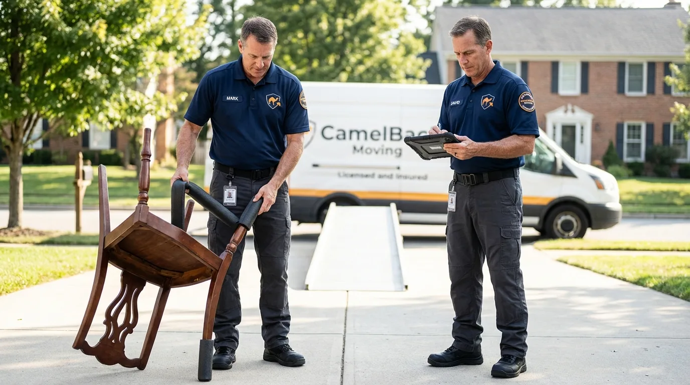 Movers inspecting furniture for damage prevention before loading in Avondale, AZ